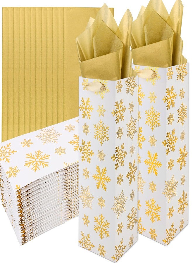 Fairooth 12 PCS Christmas Wine Gift Bags Golden Snowflake Wine Bottle Gift Bag with Tissue Paper Xmas Gold Foil Gifts Bags Bulk with Handles for Xmas Winter Holiday Wedding Home Party Supplies - Image 1